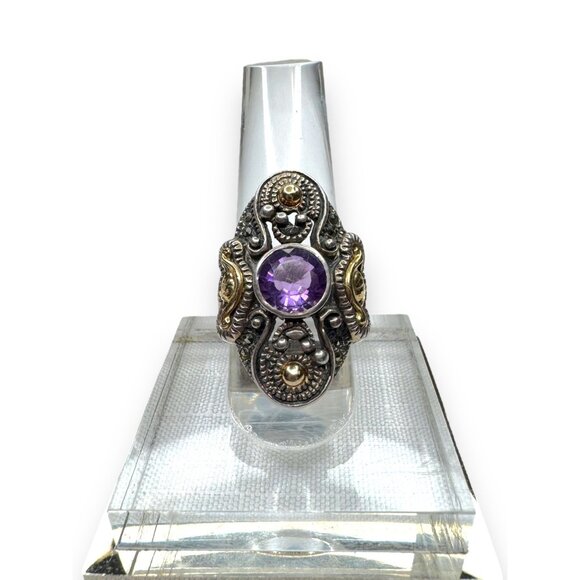 Jewelry - Vintage Sterling Silver 14K Gold Overlay Amethyst Marcasite Ring Size 6